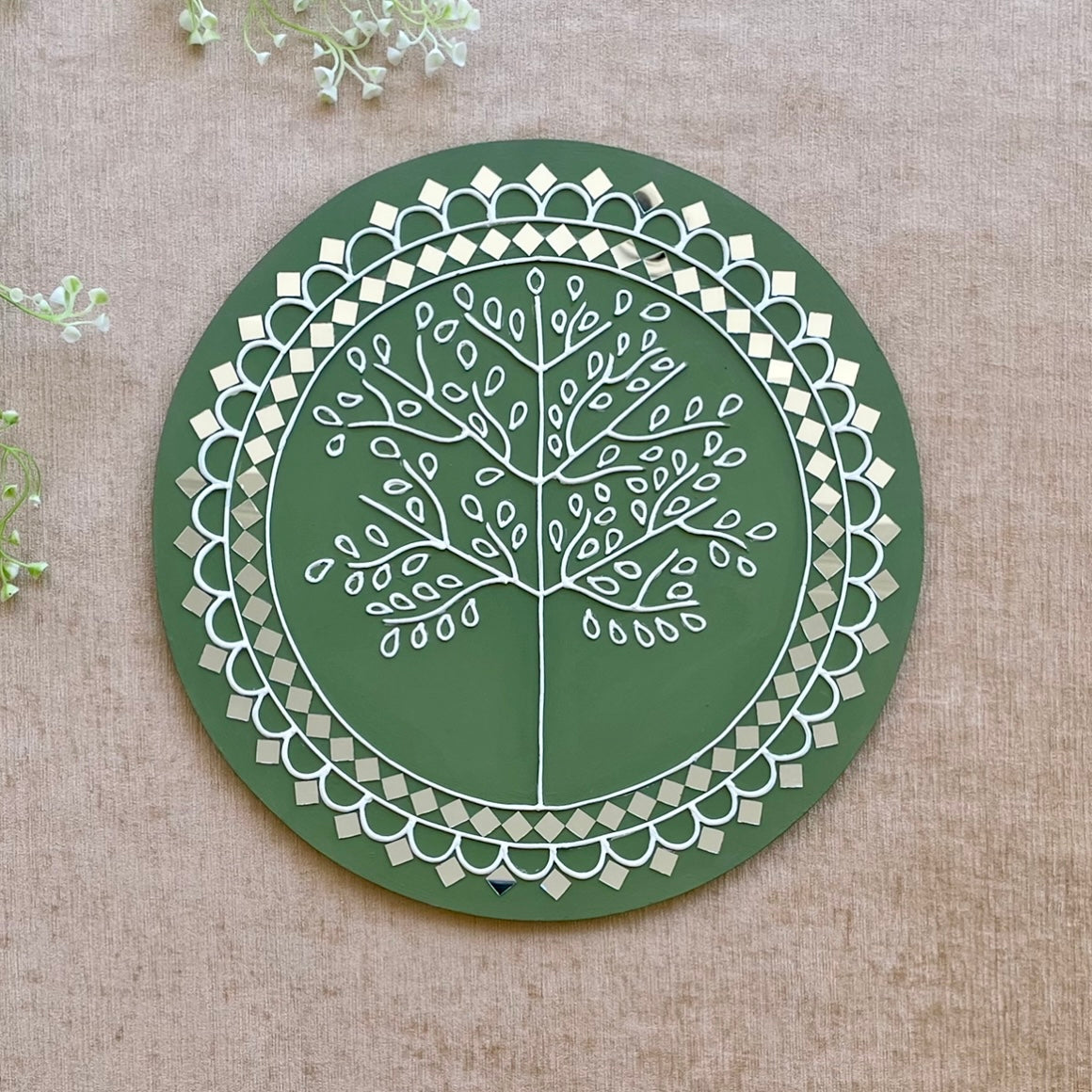15 Inches Tree of Life Green Lippan Art Wall Hanging - Clay Mirror Wall Decor
