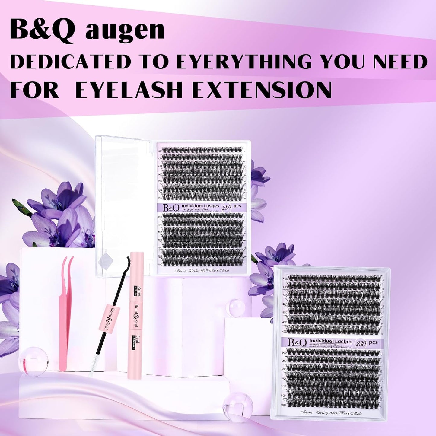 B&amp;Q Lash Extension Kit for Beginners 280pcs Eyelash Extension Kit 40D+50D 9-16 Mixed Lash Clusters Kit D Curl Lash Kit with Lash Bond and Seal Individual Lashes Kit DIY (KIT,40D+50D-D-9-16MIX)