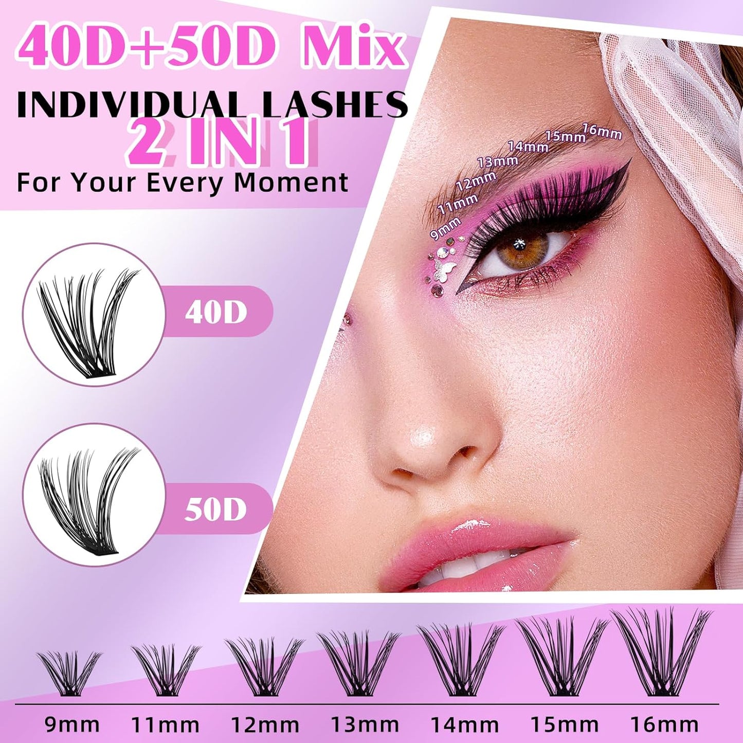B&amp;Q Lash Extension Kit for Beginners 280pcs Eyelash Extension Kit 40D+50D 9-16 Mixed Lash Clusters Kit D Curl Lash Kit with Lash Bond and Seal Individual Lashes Kit DIY (KIT,40D+50D-D-9-16MIX)