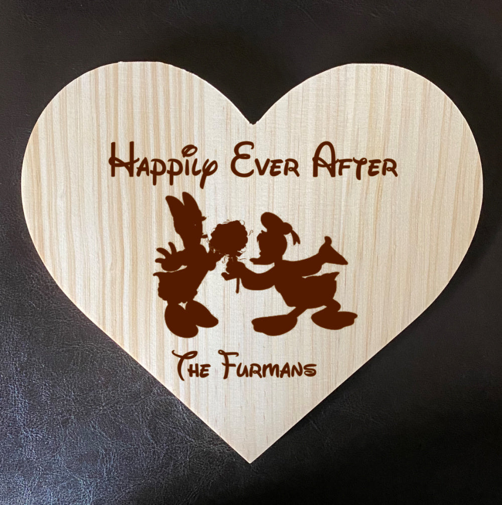 Wooden Heart Love Plaque - Personalized Family Name/Est Date  - Donald & Daisy Inspired