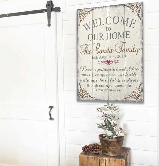 Welcome To Our Home Love Is Patient Personalized Name Sign